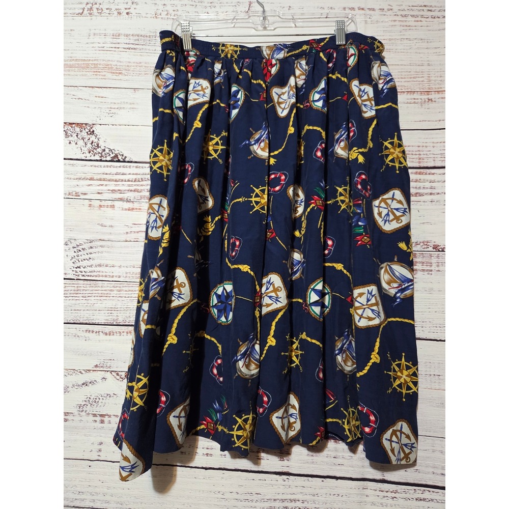 Alfred Dunner Vintage Nautical Print Rayon Midi Skirt Navy Blue Plus Size 22W